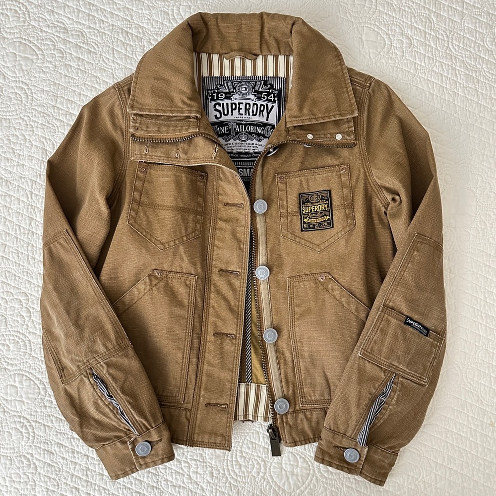 Superdry Fine Tailoring Canvas Tan Utility Work Chore Military Jacket Cotton S